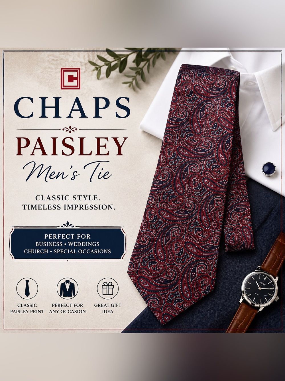 CHAPS Red & Navy Paisley Men’s Neck Tie | Classic Business & Dress Tie